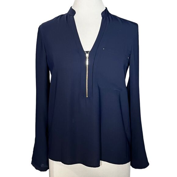 Zara basic Collection Roll Tab Sleeve 1/2 Zip Chiffon Georgette Pullover Blouse - Picture 1 of 8